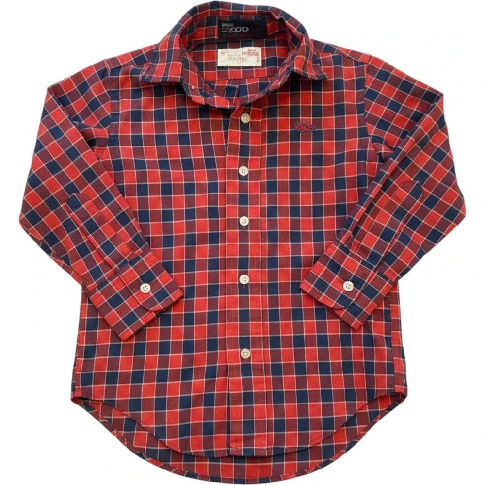 Izod Lacoste Button Down Shirt Kids Size 5 Red Blue Plaid Long Sleeve Vintage